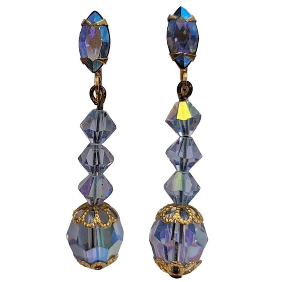 Blue AB Prong Set Navette Bead Dangle Clip-On Earrings E311 - Picture 2 of 8